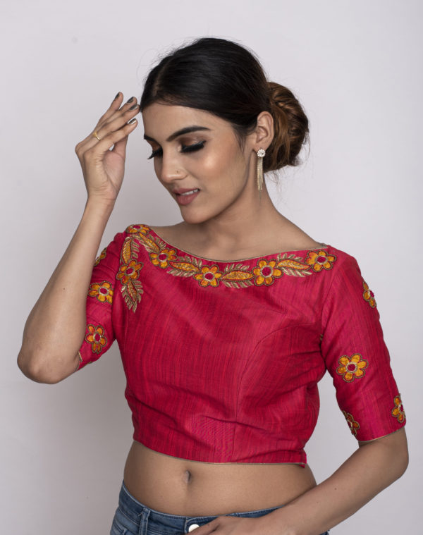 Blouse Floral Hand Embroidered Red Colour