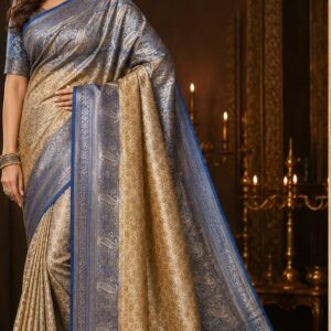 Exquisite Champagne Gold & Cobalt Blue Banarasi Jamawar Silk Saree with All-Over Paisley Weave