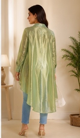 Sage Shimmer High-Low Oversized Tunic Shirt - Image 6