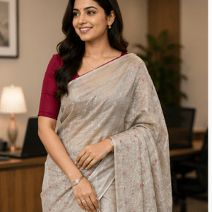 Classic Sand-Beige Handloom Tassar Silk Saree with Crimson Floral Embroidery