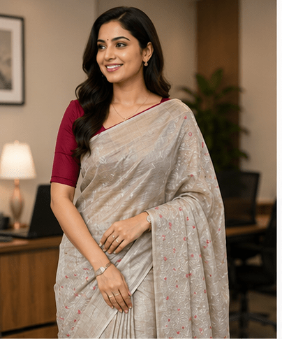 Classic Sand-Beige Handloom Tassar Silk Saree with Crimson Floral Embroidery
