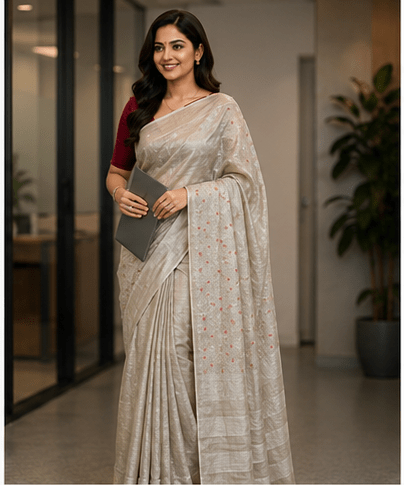 Classic Sand-Beige Handloom Tassar Silk Saree with Crimson Floral Embroidery - Image 9