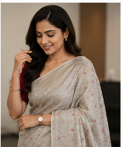 Classic Sand-Beige Handloom Tassar Silk Saree with Crimson Floral Embroidery - Image 4