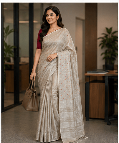 Classic Sand-Beige Handloom Tassar Silk Saree with Crimson Floral Embroidery - Image 5
