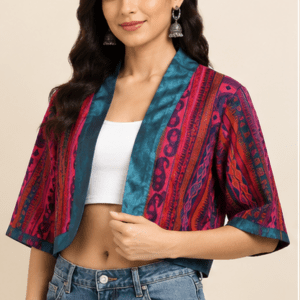 Magenta & Teal Multi-Print Silk-Blend Cropped Koti Festive Shrug
