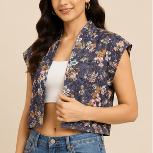 Gray Floral Print Sleeveless Cropped Shrug Jacket