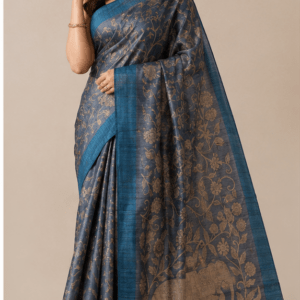 Midnight Blue Ghicha Silk Saree with Hand-Block Elephant & Floral Kalamkari Motifs