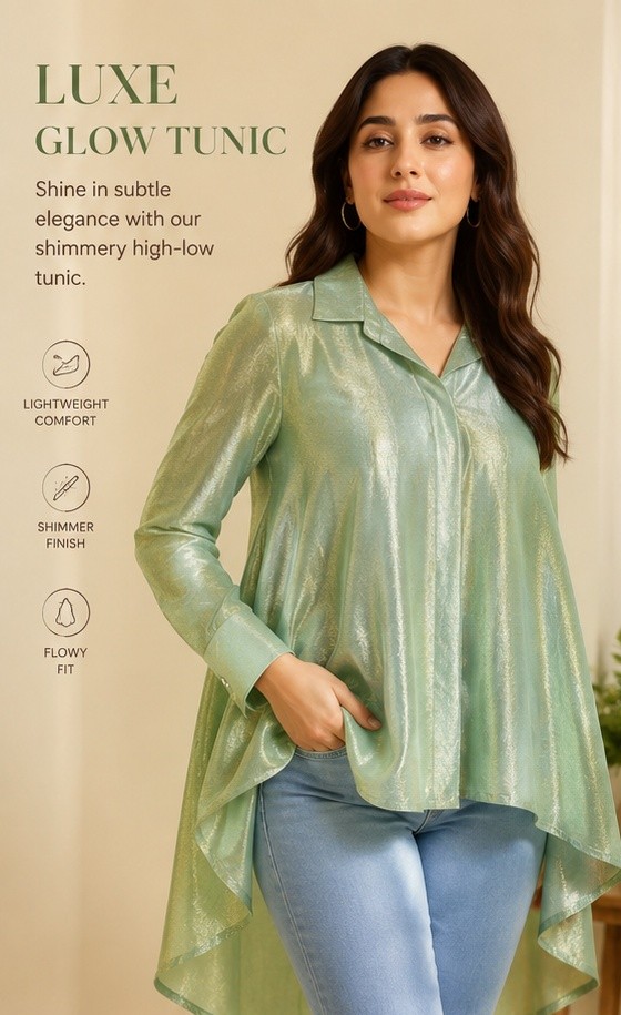 Sage Shimmer High-Low Oversized Tunic Shirt - Image 5