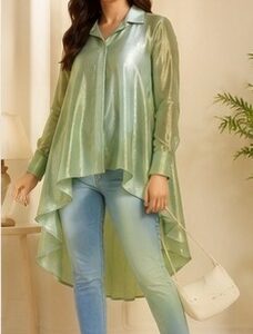 Sage Shimmer High-Low Oversized Tunic Shirt