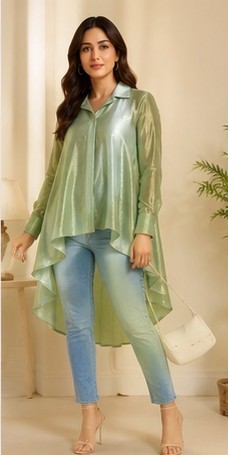 Sage Shimmer High-Low Oversized Tunic Shirt