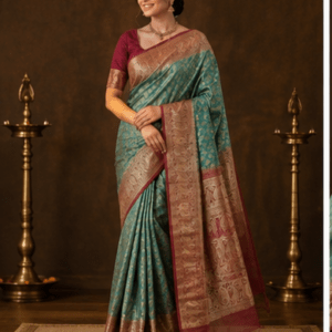 Regal Teal & Magenta Banarasi Jamawar Silk Saree with Intricate Zari Weaving