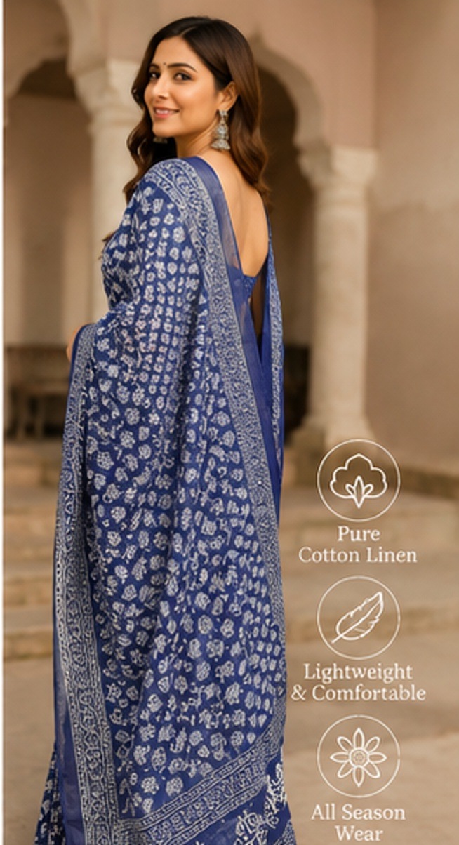Indigo Blue Floral Hand-Block Printed Cotton Linen Saree - Image 3