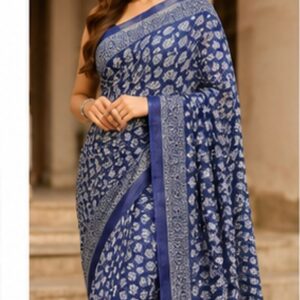 Indigo Blue Floral Hand-Block Printed Cotton Linen Saree