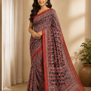 Earthy Maroon & Black Ajrakh-Print Cotton Linen Saree