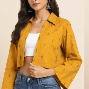 Mustard Yellow Ikat Print Cotton Cropped Shrug Jacket