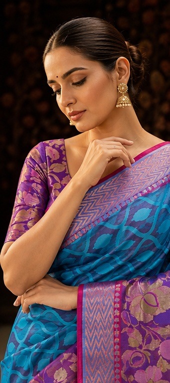 Dhaga Handloom Azure & Amethyst Net Saree with Floral Border - Image 8