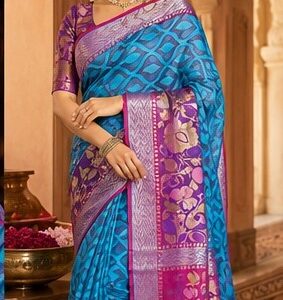 Dhaga Handloom Azure & Amethyst Net Saree with Floral Border