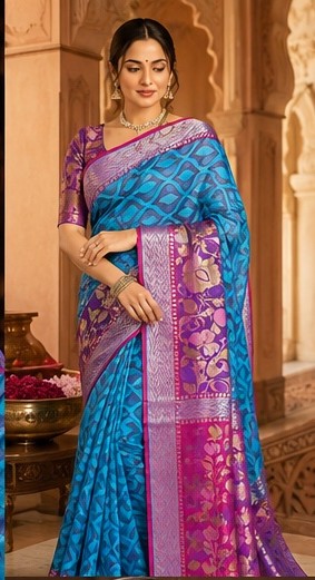 Dhaga Handloom Azure & Amethyst Net Saree with Floral Border