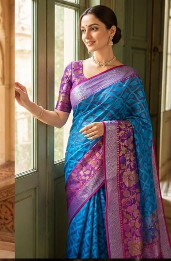 Dhaga Handloom Azure & Amethyst Net Saree with Floral Border - Image 7