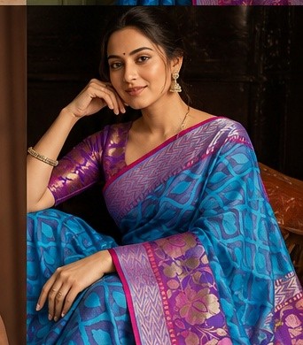 Dhaga Handloom Azure & Amethyst Net Saree with Floral Border - Image 4