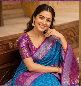 Dhaga Handloom Azure & Amethyst Net Saree with Floral Border - Image 3