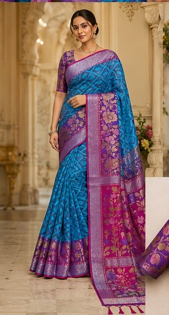 Dhaga Handloom Azure & Amethyst Net Saree with Floral Border - Image 5