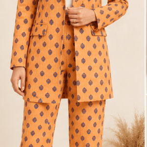 Terracotta Geometric Motif Tailored Blazer & Straight-Leg Trousers Co-ord Set