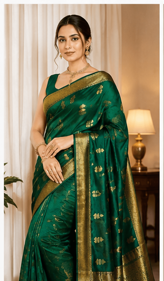 Emerald Green Chanderi Silk Saree with Gold Butti & Ornate Zari Border - Image 8