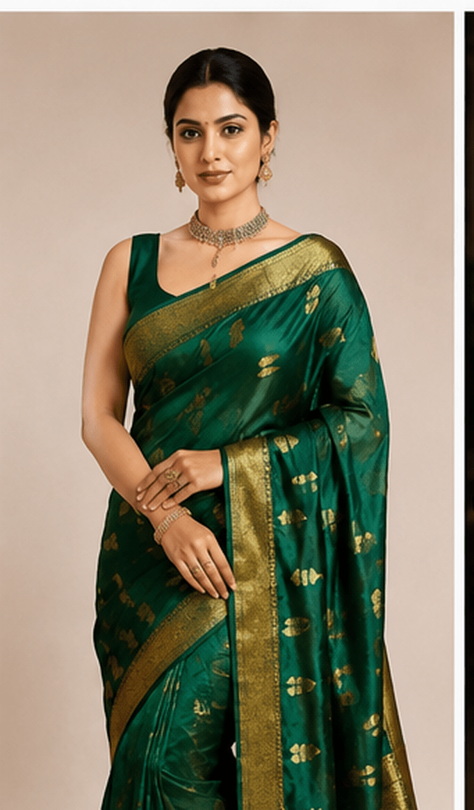 Emerald Green Chanderi Silk Saree with Gold Butti & Ornate Zari Border - Image 9