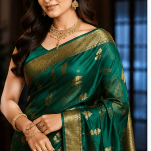 Emerald Green Chanderi Silk Saree with Gold Butti & Ornate Zari Border