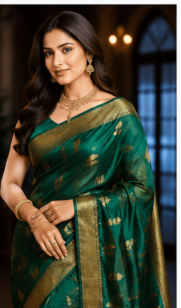 Emerald Green Chanderi Silk Saree with Gold Butti & Ornate Zari Border