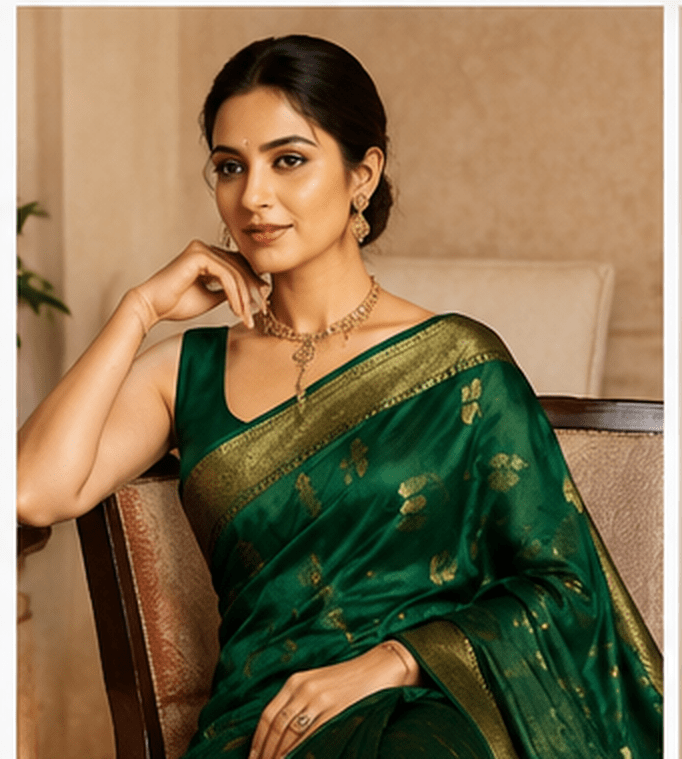 Emerald Green Chanderi Silk Saree with Gold Butti & Ornate Zari Border - Image 6