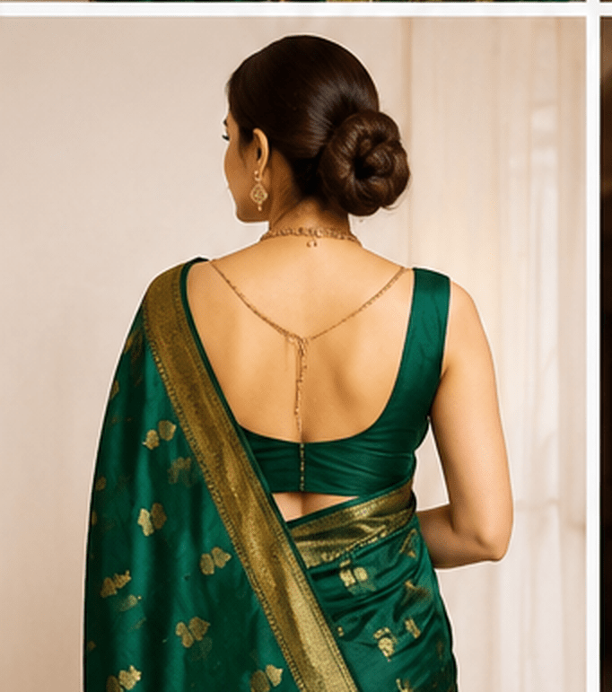 Emerald Green Chanderi Silk Saree with Gold Butti & Ornate Zari Border - Image 7