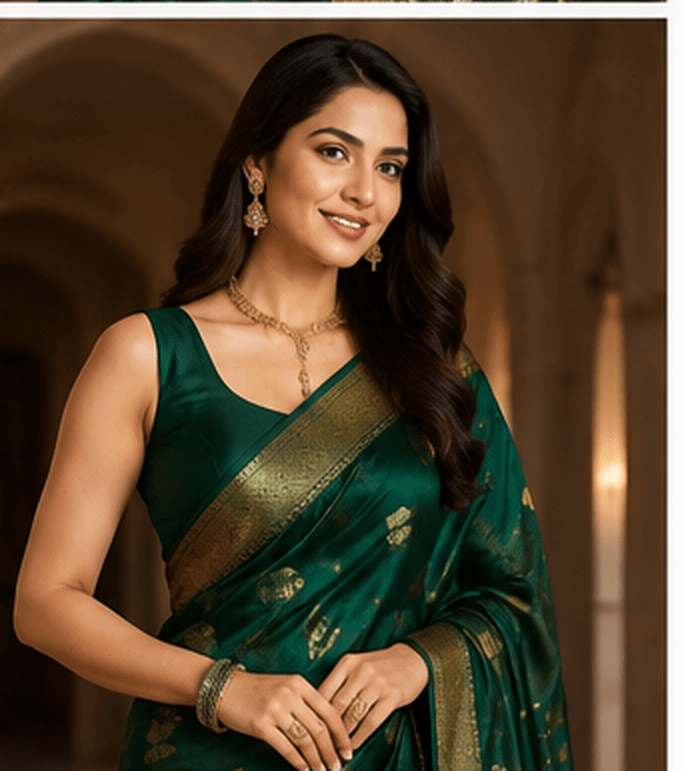 Emerald Green Chanderi Silk Saree with Gold Butti & Ornate Zari Border - Image 4