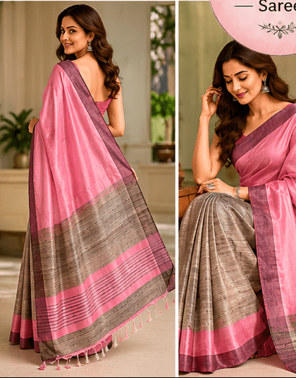 Blush Pink & Silver-Grey Ghicha Silk Saree with Charcoal Mauve Borders - Image 4
