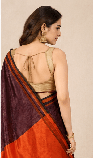 Deep Wine Ghicha Silk Saree with Rust Orange Contrast Border & Pallu - Image 6