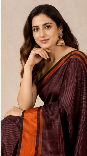 Deep Wine Ghicha Silk Saree with Rust Orange Contrast Border & Pallu - Image 5