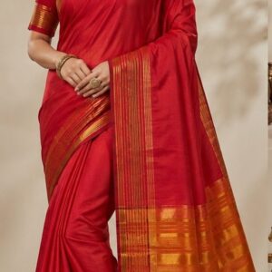 Crimson Red Ghicha Silk Saree with Traditional Gold Zari Stripes & Temple Border