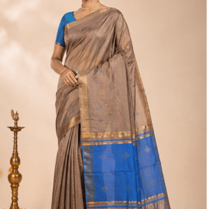 Brown Ghicha Silk Saree with Cerulean Blue Pallu & Geometric Butis