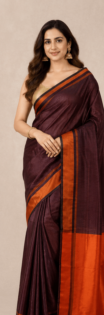 Deep Wine Ghicha Silk Saree with Rust Orange Contrast Border & Pallu - Image 7