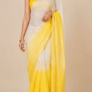 Mayura Citrine Handloom Net Saree with Sequinned Highlights & Ombré Drape