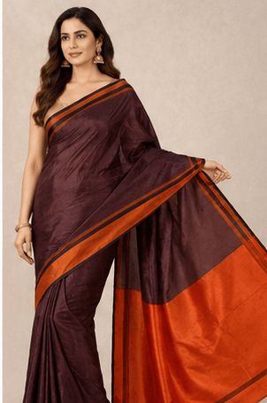 Deep Wine Ghicha Silk Saree with Rust Orange Contrast Border & Pallu - Image 3