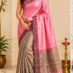 Blush Pink & Silver-Grey Ghicha Silk Saree with Charcoal Mauve Borders