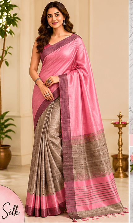 Blush Pink & Silver-Grey Ghicha Silk Saree with Charcoal Mauve Borders