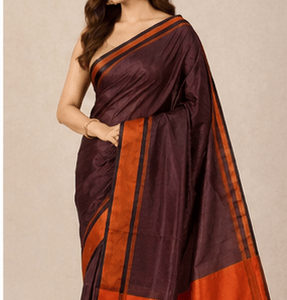 Deep Wine Ghicha Silk Saree with Rust Orange Contrast Border & Pallu