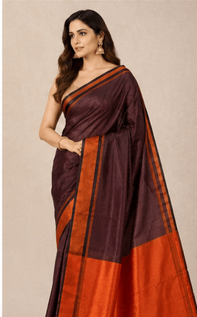 Deep Wine Ghicha Silk Saree with Rust Orange Contrast Border & Pallu