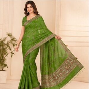 Fern Green Ghicha Silk Saree with Embroidered Zari Border & Floral Bootis