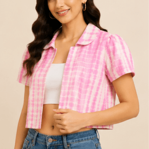 Pink & White Leheriya-Style Tie-Dye Cropped Jacket with Puff Sleeves