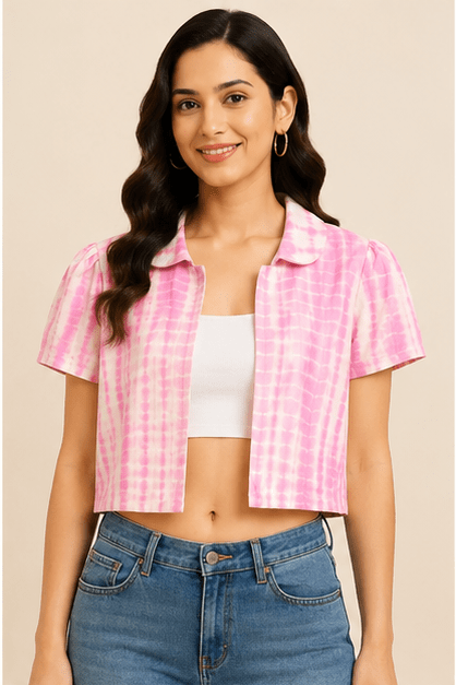 Pink & White Leheriya-Style Tie-Dye Cropped Jacket with Puff Sleeves - Image 3