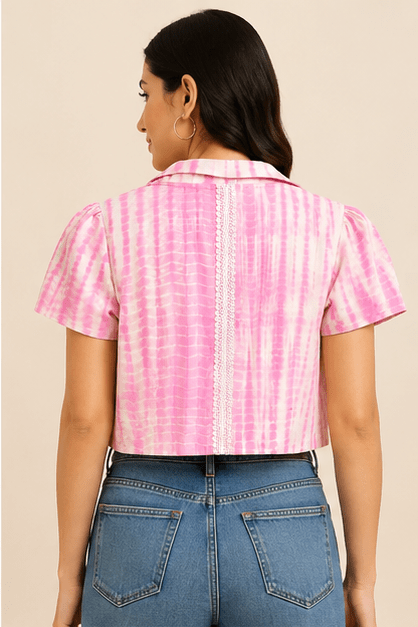 Pink & White Leheriya-Style Tie-Dye Cropped Jacket with Puff Sleeves - Image 4